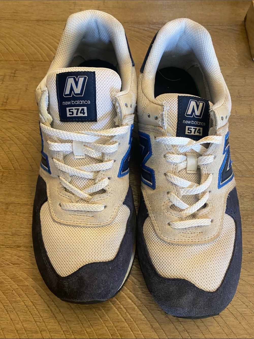 New Balance Men's 574 Sneakers in Beige and Navy with Blue Accents